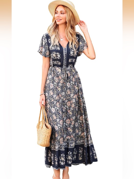Dresses & Skirts - Floral Print Navy Midi Dress - Women's